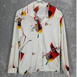 Vintage Shirt Womens 14 White Abstract Long Sleeve Button Up Spread Collar Art